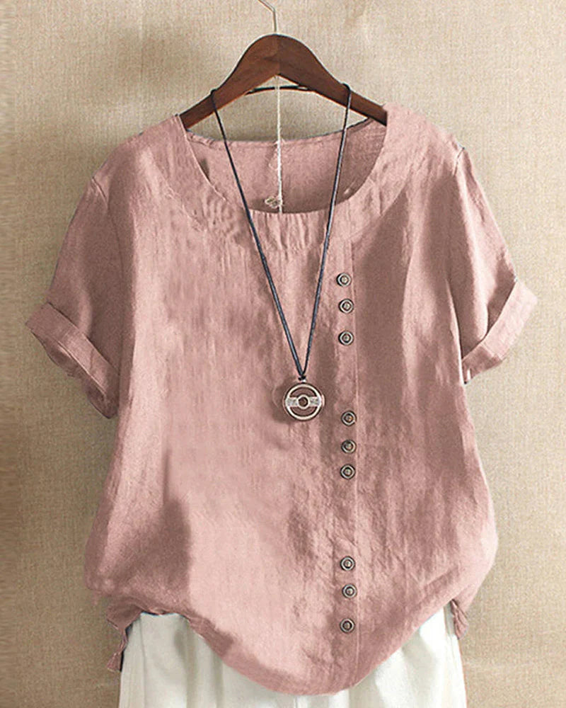 Veselina – Stilvolle asymmetrische Leinenbluse mit Knöpfen