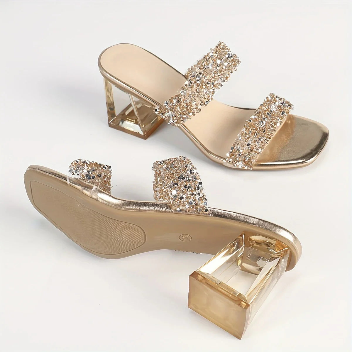Auralynne – Transparente Sandalen mit Glitzerriemen und Blockabsatz