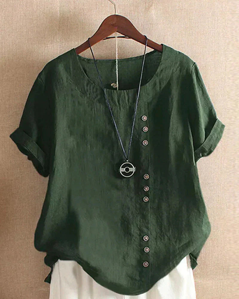 Veselina – Stilvolle asymmetrische Leinenbluse mit Knöpfen