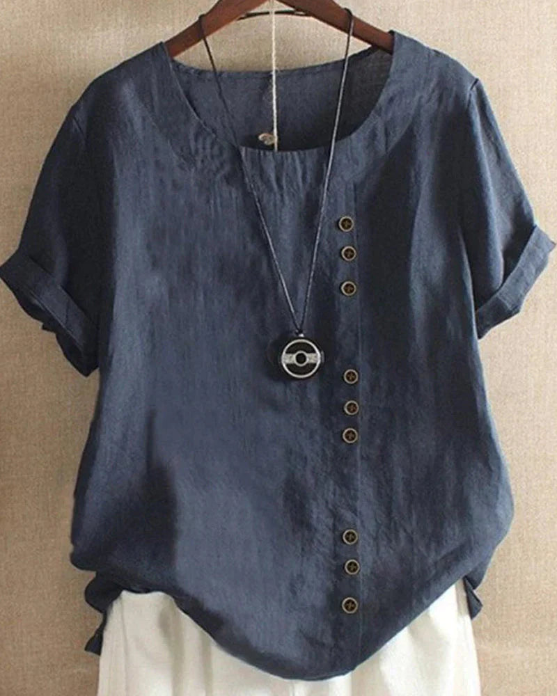 Veselina – Stilvolle asymmetrische Leinenbluse mit Knöpfen