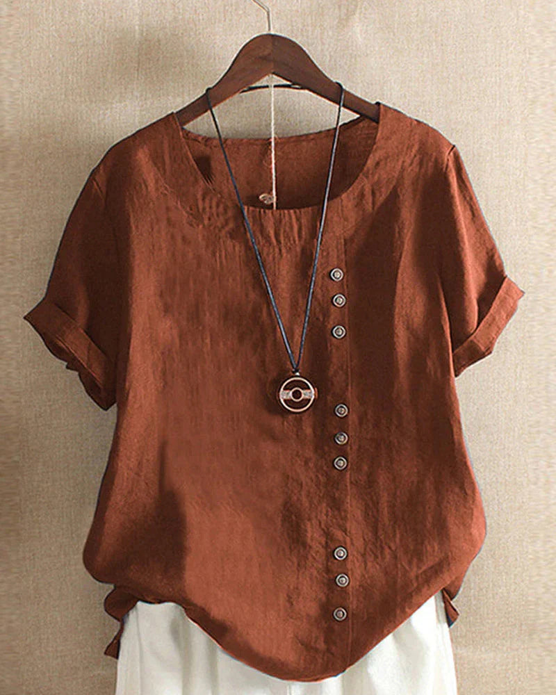Veselina – Stilvolle asymmetrische Leinenbluse mit Knöpfen