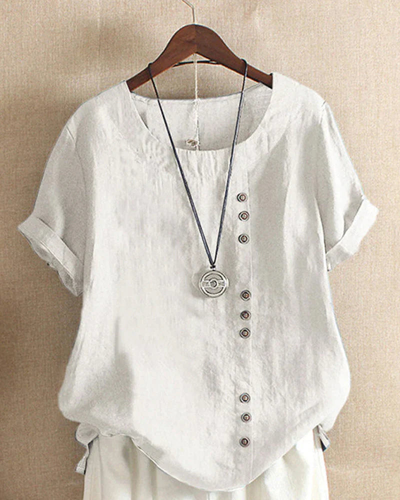 Veselina – Stilvolle asymmetrische Leinenbluse mit Knöpfen