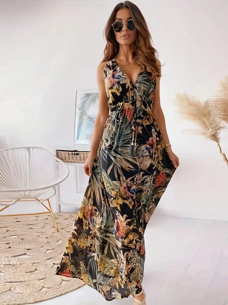 Kresaline – Maxikleid mit V-Ausschnitt und tropischem Print
