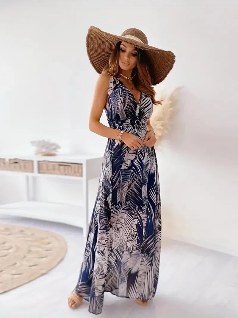 Kresaline – Maxikleid mit V-Ausschnitt und tropischem Print