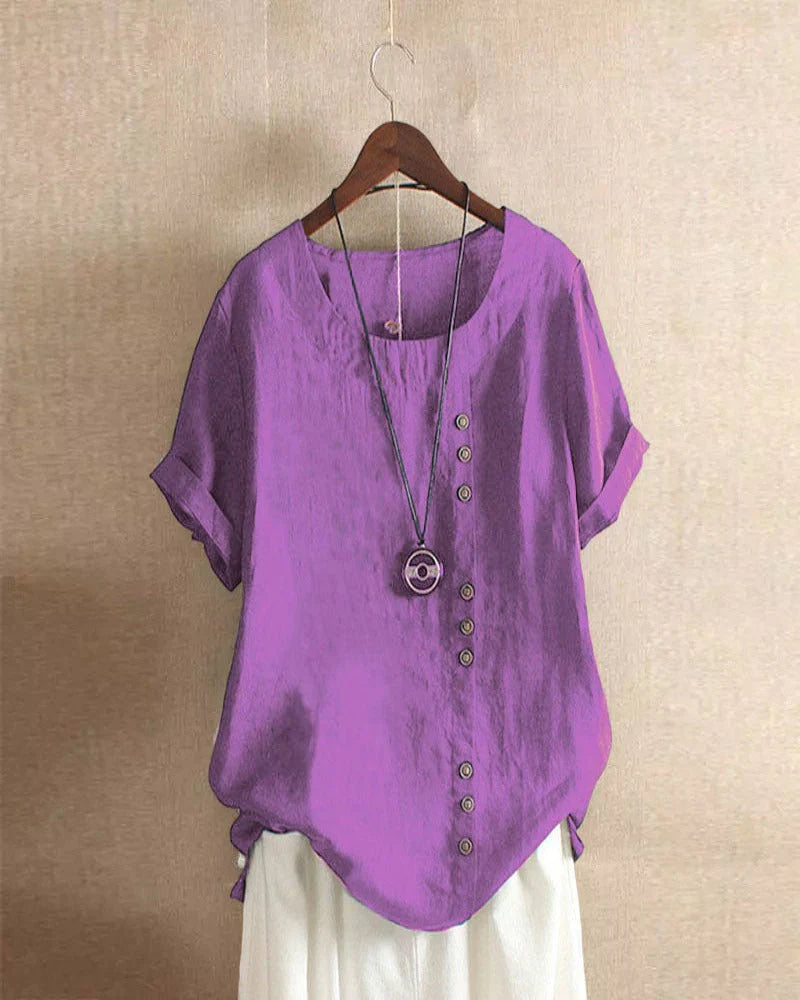 Veselina – Stilvolle asymmetrische Leinenbluse mit Knöpfen