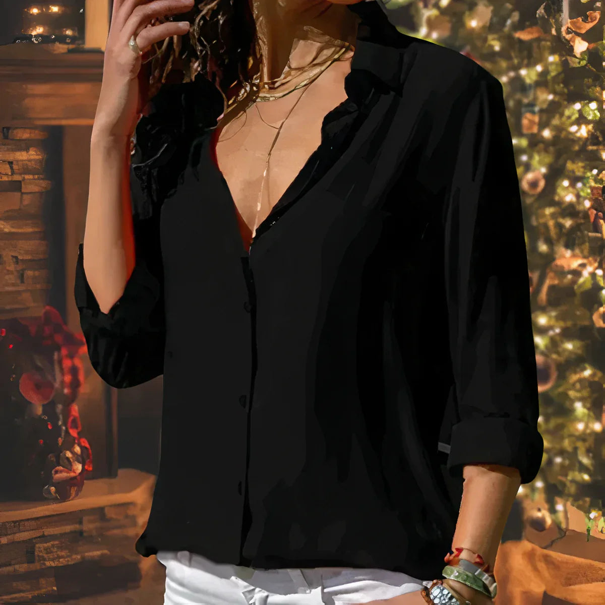 Brienna – Klassische Bluse mit V-Ausschnitt und Knopfleiste