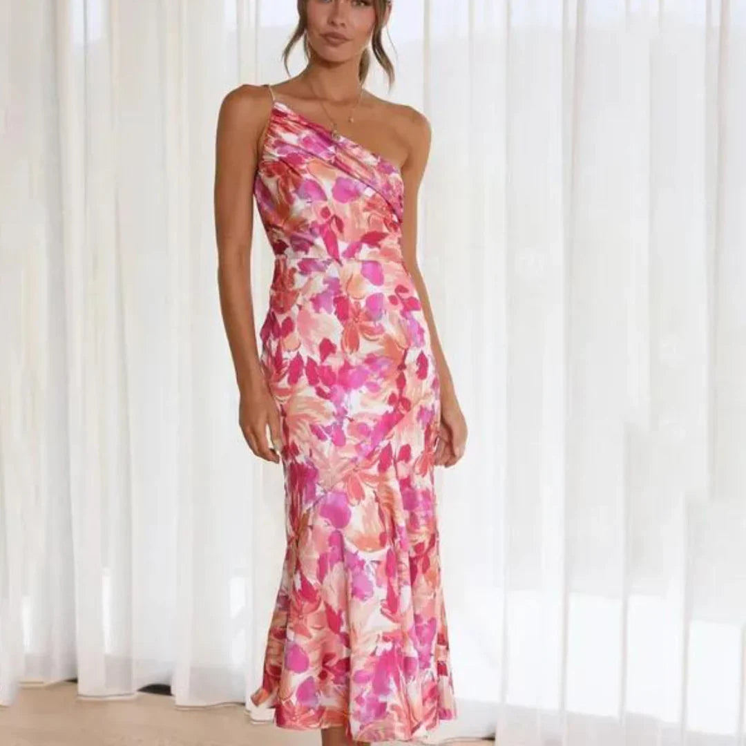 Selvita – One-Shoulder-Midikleid aus floralem Satin