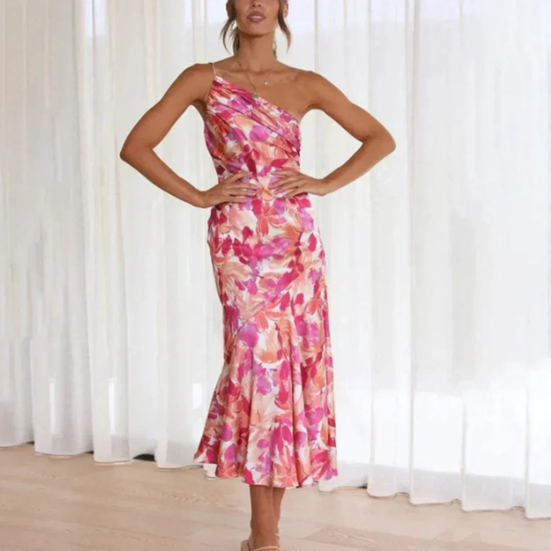 Selvita – One-Shoulder-Midikleid aus floralem Satin