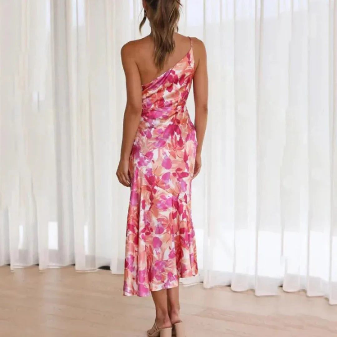 Selvita – One-Shoulder-Midikleid aus floralem Satin
