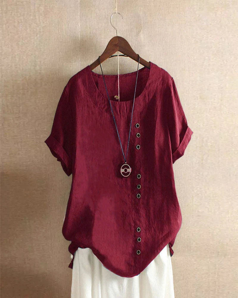 Veselina – Stilvolle asymmetrische Leinenbluse mit Knöpfen