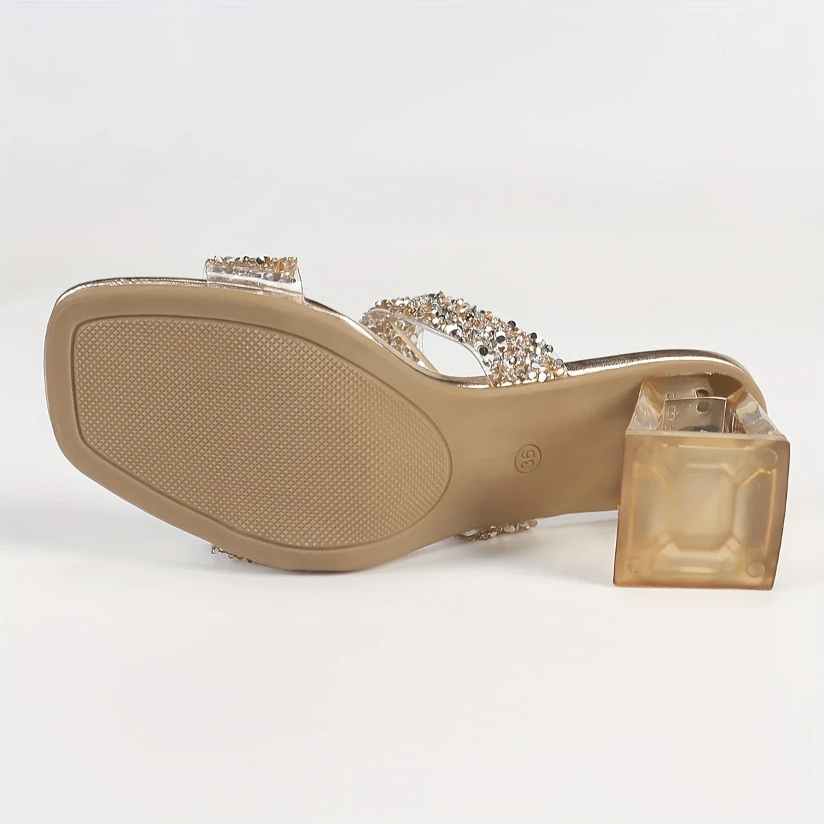 Auralynne – Transparente Sandalen mit Glitzerriemen und Blockabsatz