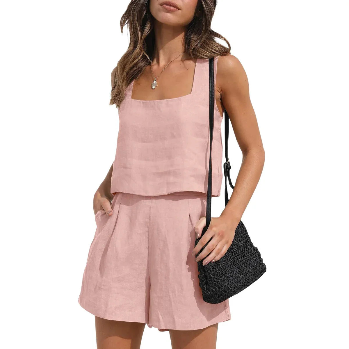 Vionette – Leinen-Mix-Set mit eckigem Ausschnitt und Shorts