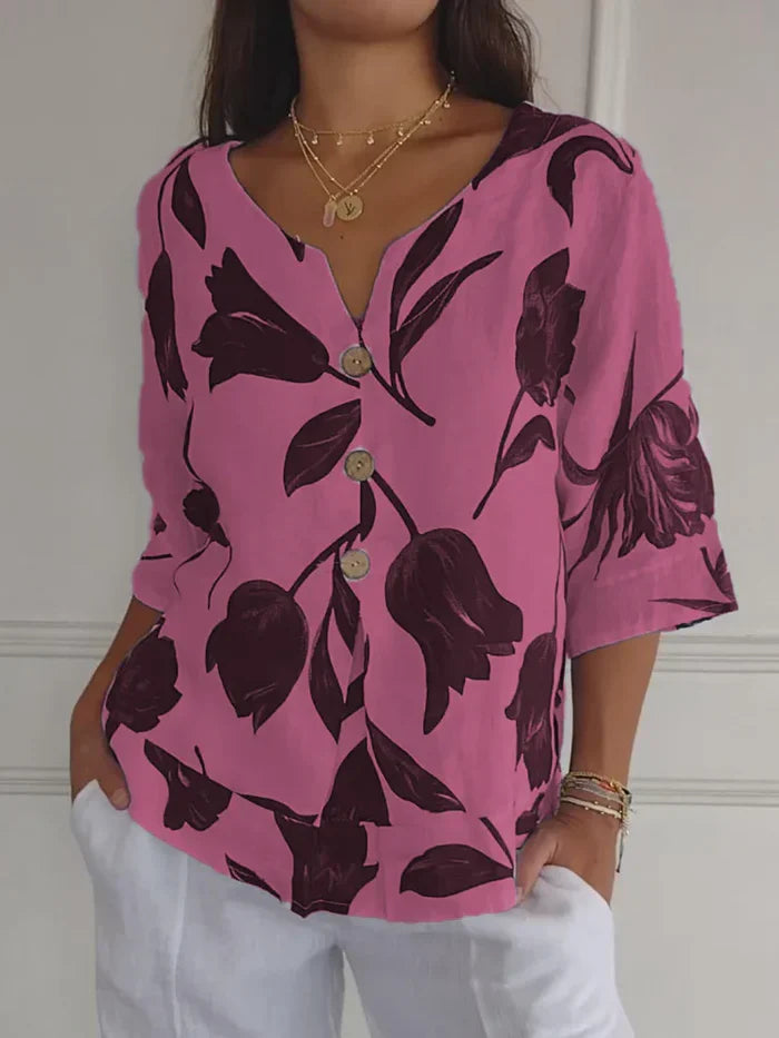 Solarae – Stilvolle Leinenbluse mit Blumenmuster und Knopfleiste