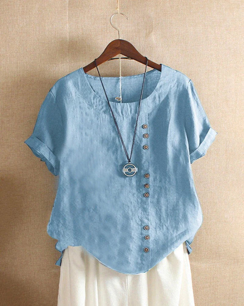 Veselina – Stilvolle asymmetrische Leinenbluse mit Knöpfen