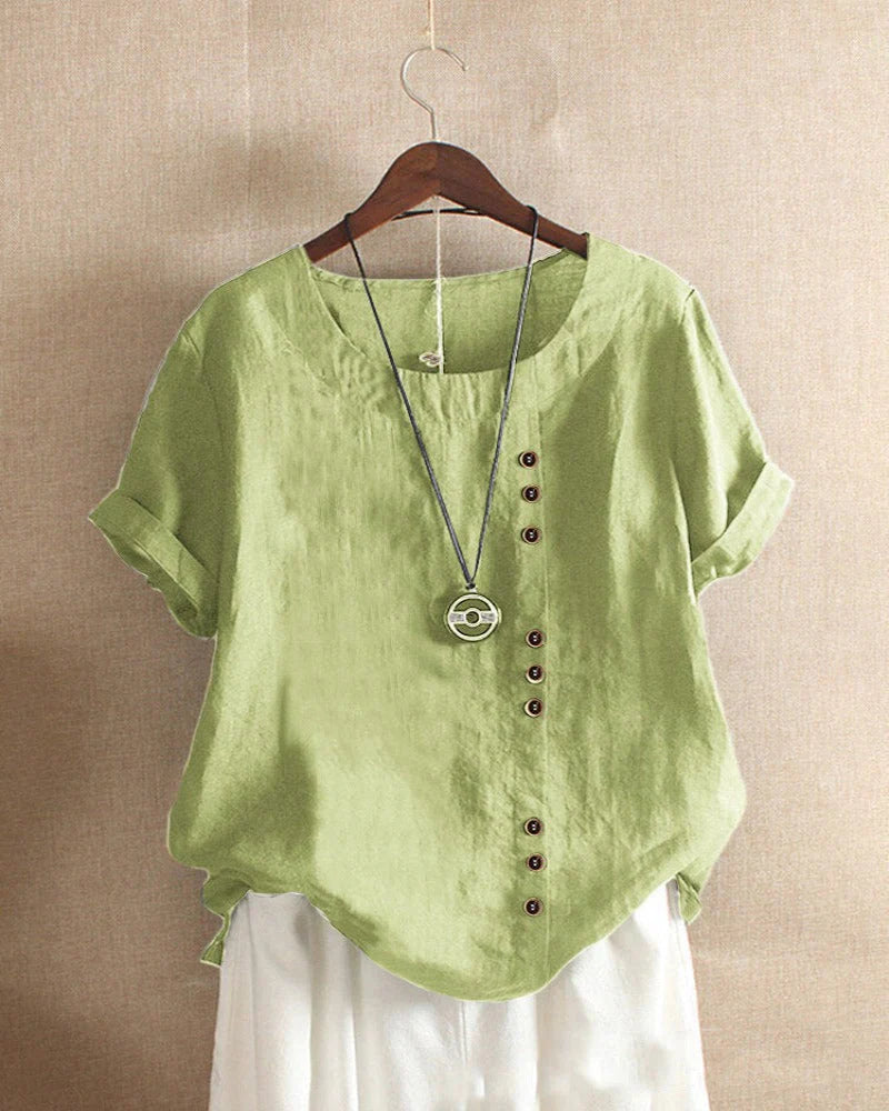 Veselina – Stilvolle asymmetrische Leinenbluse mit Knöpfen