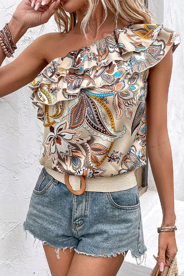 Anoukia – Stilvolles One-Shoulder-Top mit Rüschen und Blumenmuster