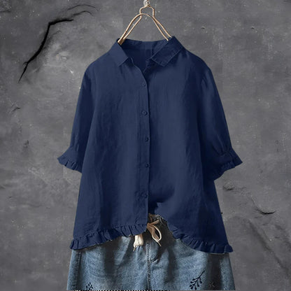 Ophaly – Minimalistische Bluse aus Baumwollleinen mit Rüschensaum