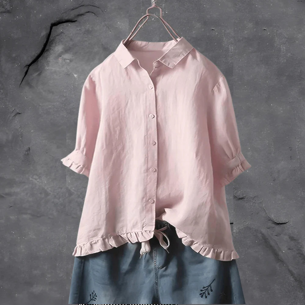 Ophaly – Minimalistische Bluse aus Baumwollleinen mit Rüschensaum