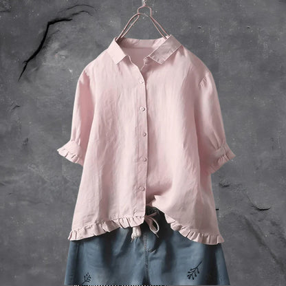 Ophaly – Minimalistische Bluse aus Baumwollleinen mit Rüschensaum