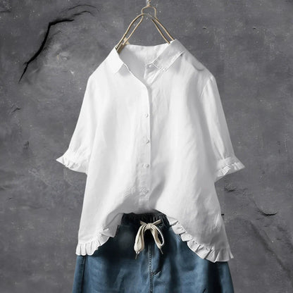 Ophaly – Minimalistische Bluse aus Baumwollleinen mit Rüschensaum