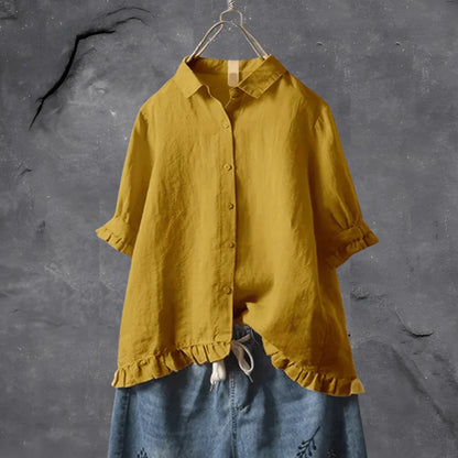 Ophaly – Minimalistische Bluse aus Baumwollleinen mit Rüschensaum
