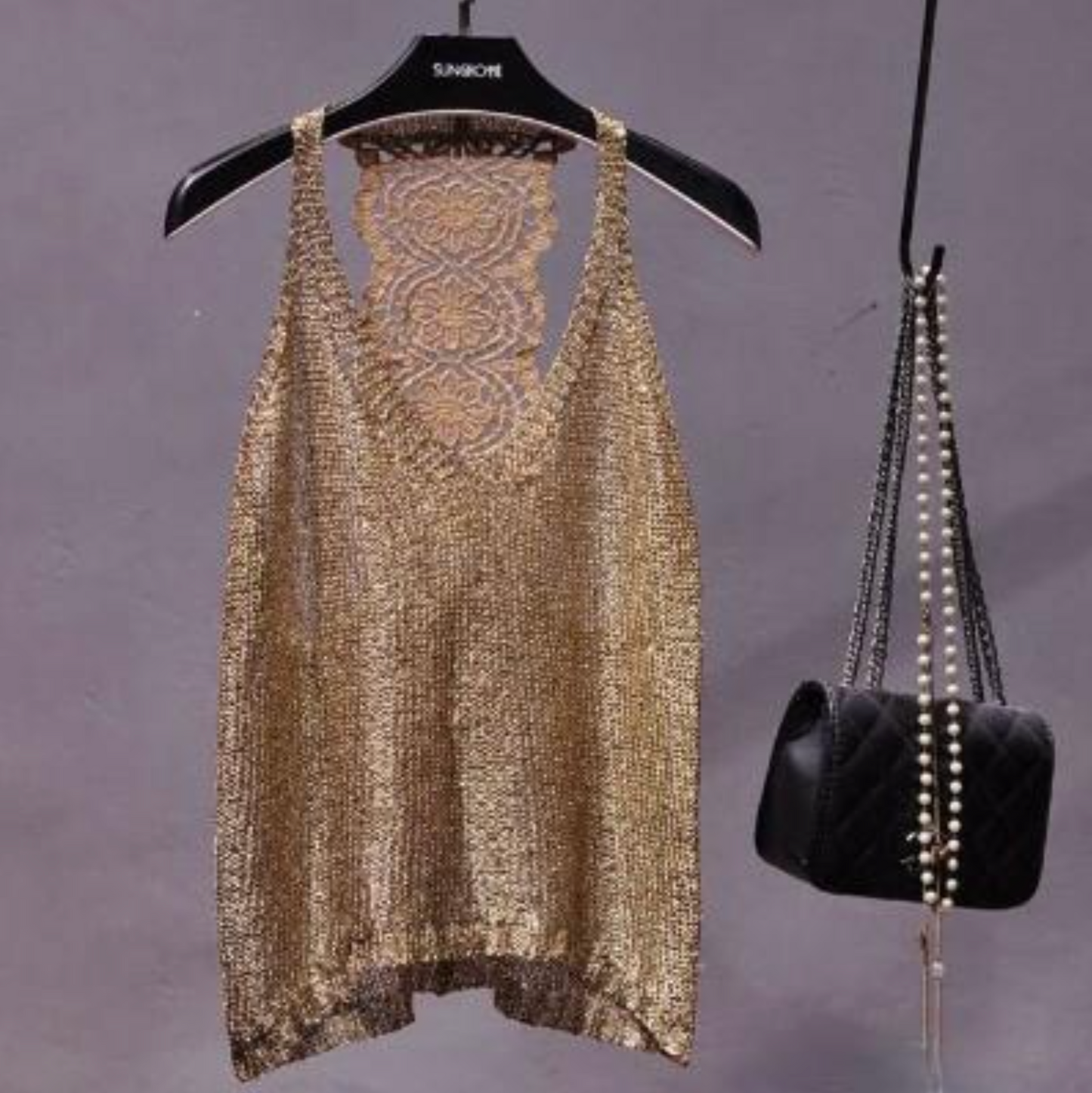 Kirelle – Schimmerndes Strick-Camisole mit Spitzenrücken