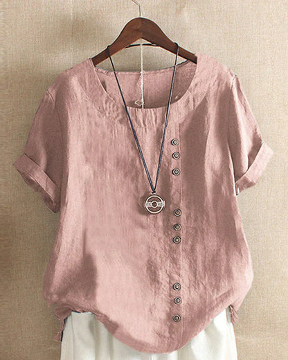Veselina – Stilvolle asymmetrische Leinenbluse mit Knöpfen