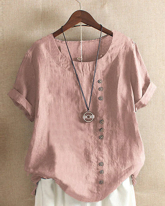 Veselina – Stilvolle asymmetrische Leinenbluse mit Knöpfen