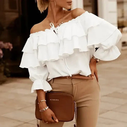 Aurevia – Elegante Off-Shoulder-Bluse mit Stufen und Rüschen