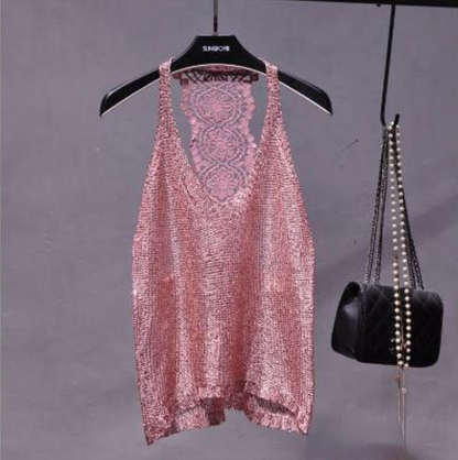 Kirelle – Schimmerndes Strick-Camisole mit Spitzenrücken