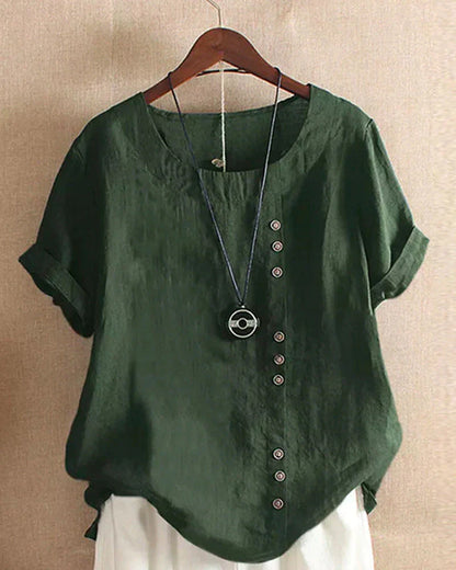 Veselina – Stilvolle asymmetrische Leinenbluse mit Knöpfen