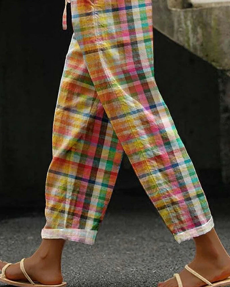 Gerlyn – Bunte karierte Leinenhose mit Kordelzug für Damen