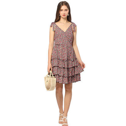 Lorevina – Gestuftes Minikleid mit Rüschen und Blumenmuster und Bindeträgern