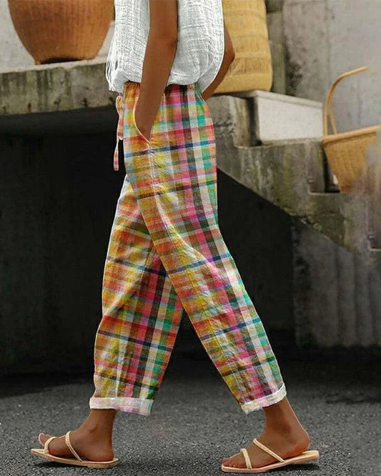 Gerlyn – Bunte karierte Leinenhose mit Kordelzug für Damen