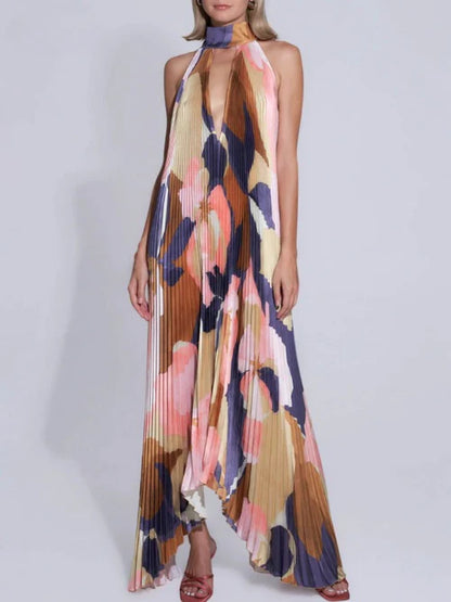 Mirelda – Neckholder-Maxikleid mit abstraktem Print und Plissee