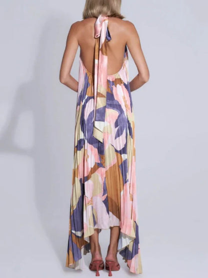 Mirelda – Neckholder-Maxikleid mit abstraktem Print und Plissee