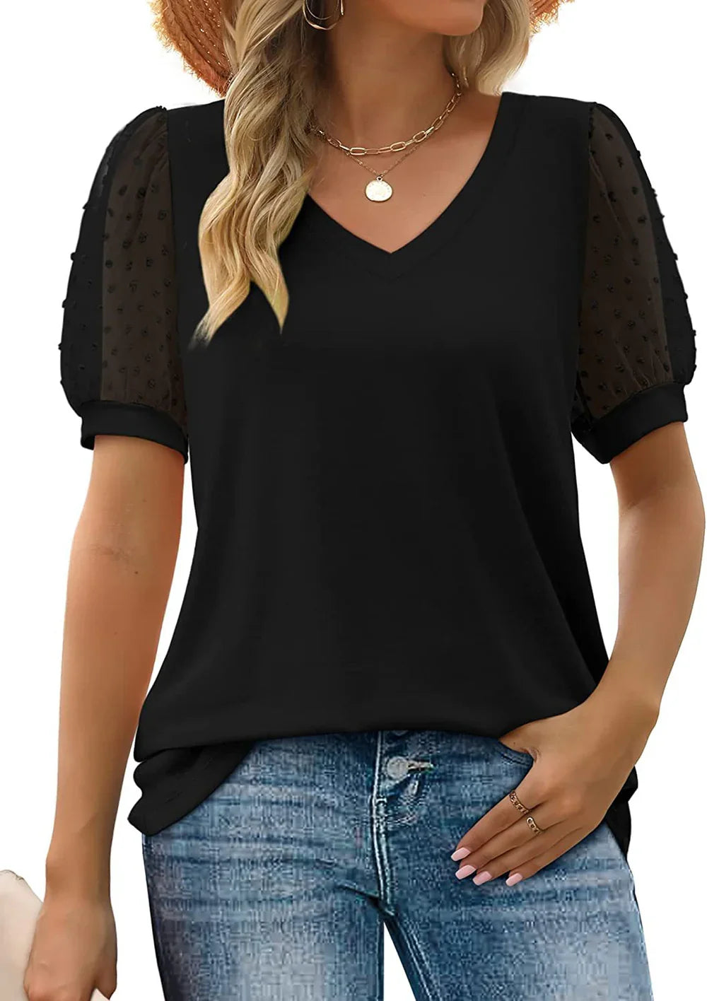Solmera – Elegantes Stricktop mit V-Ausschnitt und transparenten Puffärmeln