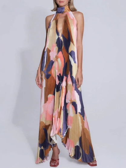 Mirelda – Neckholder-Maxikleid mit abstraktem Print und Plissee