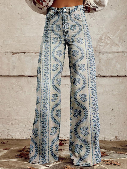 Mekhila – Weite Jeans mit Boho-Vintage-Print