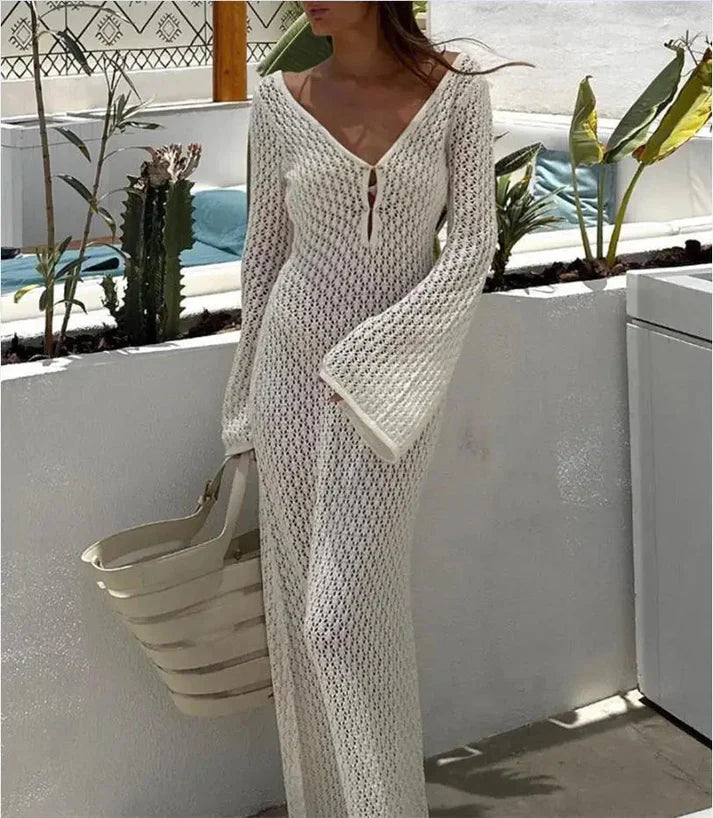 Xandira – Langärmliges Häkel-Maxikleid