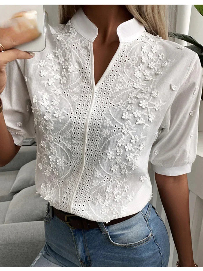 Yeliane – Baumwollbluse mit besticktem Stehkragen