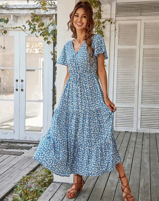 Valkynne – Elegantes Midikleid mit Blumenmuster und Knopfleiste