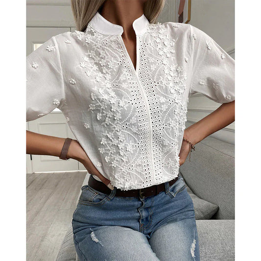 Yeliane – Baumwollbluse mit besticktem Stehkragen
