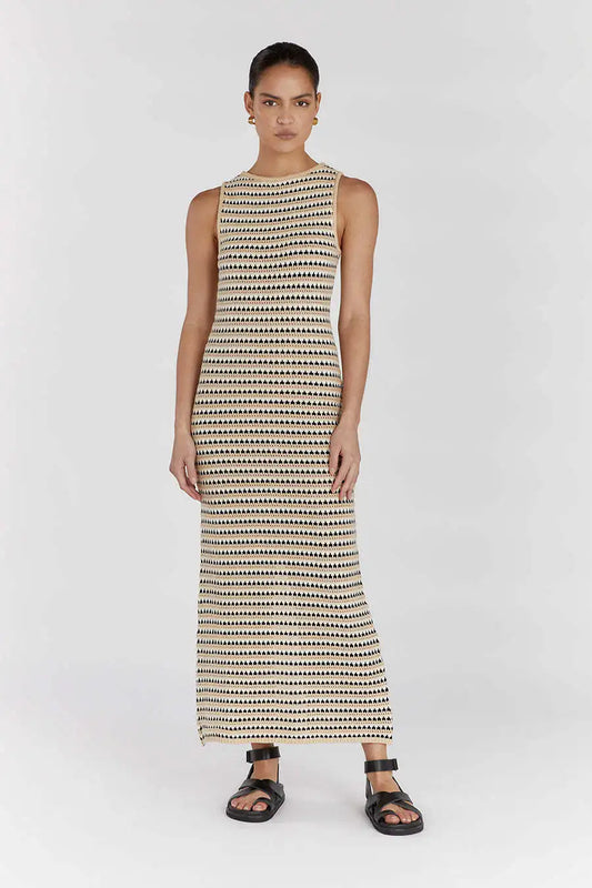Leniva – Ärmelloses Strick-Maxikleid mit geometrischen Streifen