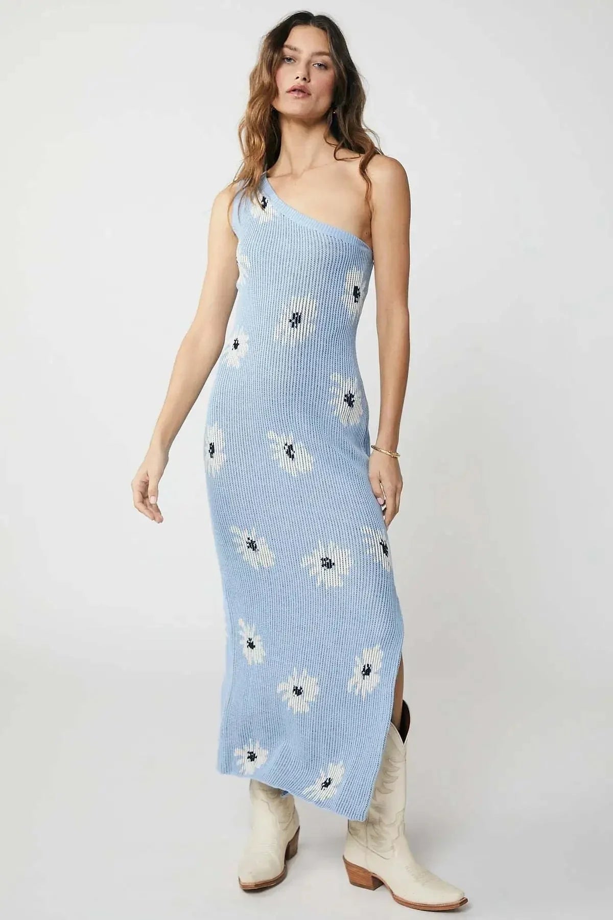 Frelika – One-Shoulder-Midikleid aus floralem Strick