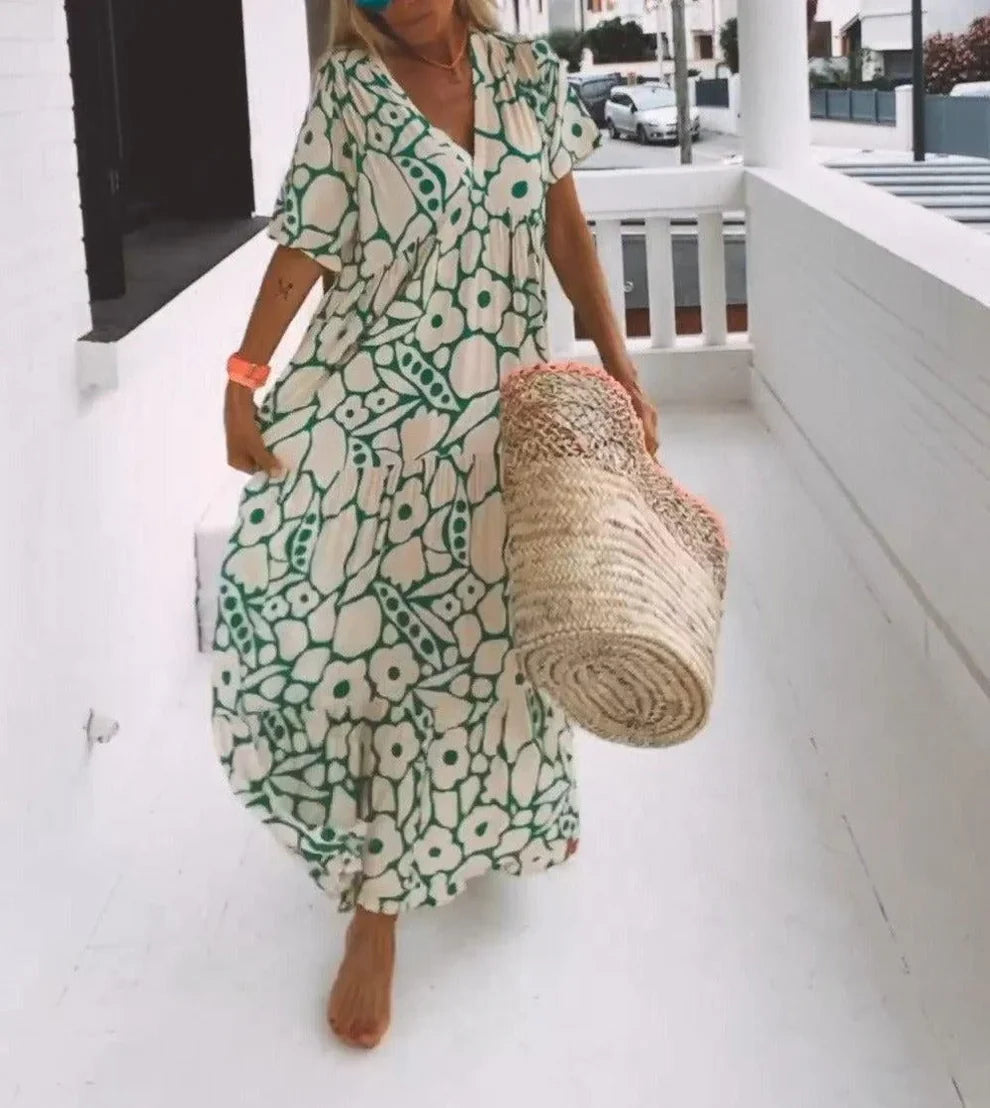 Therynna – Boho-Maxikleid mit Blumenmuster und V-Ausschnitt