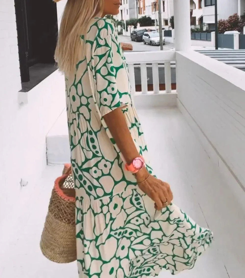 Therynna – Boho-Maxikleid mit Blumenmuster und V-Ausschnitt