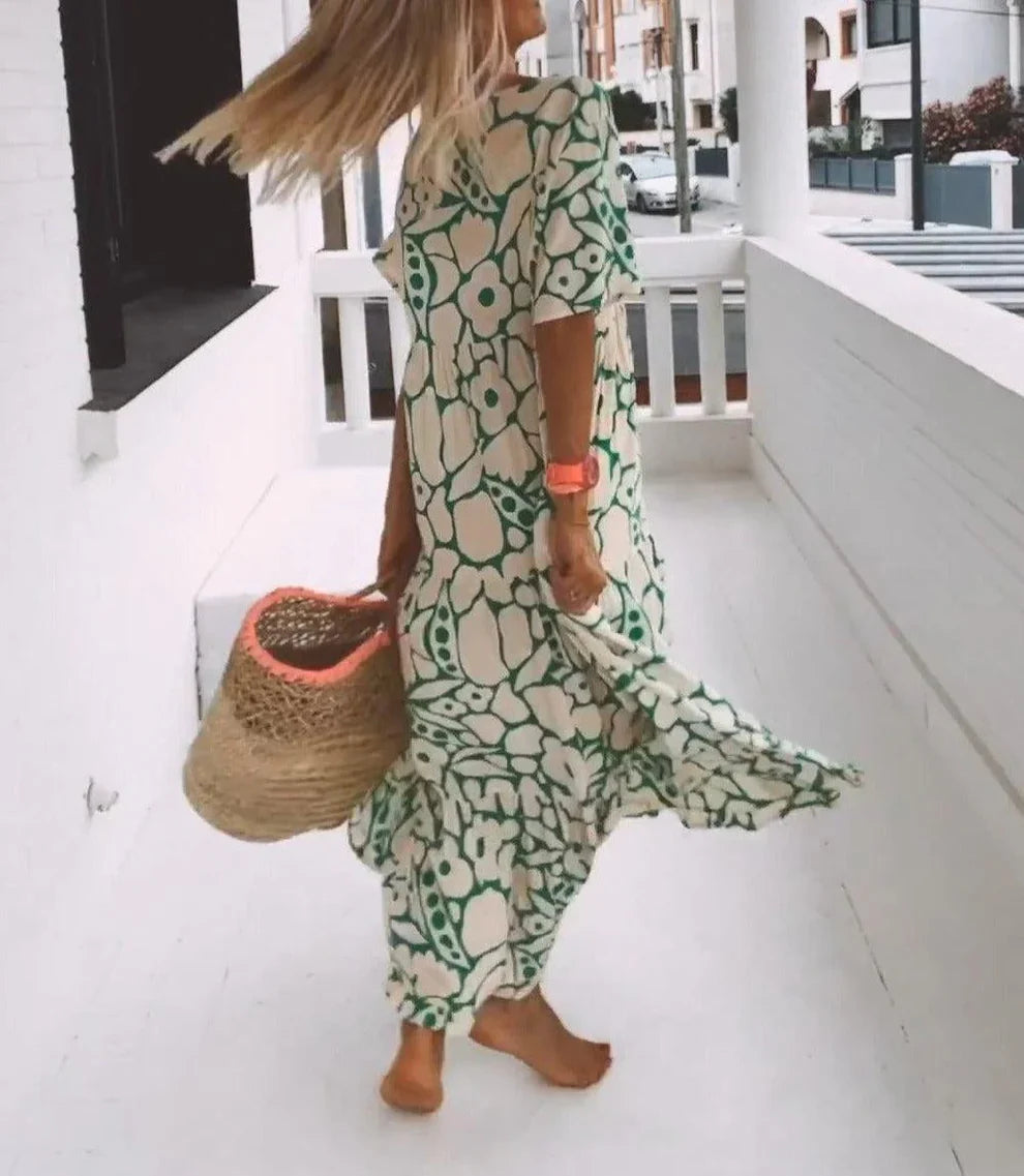 Therynna – Boho-Maxikleid mit Blumenmuster und V-Ausschnitt