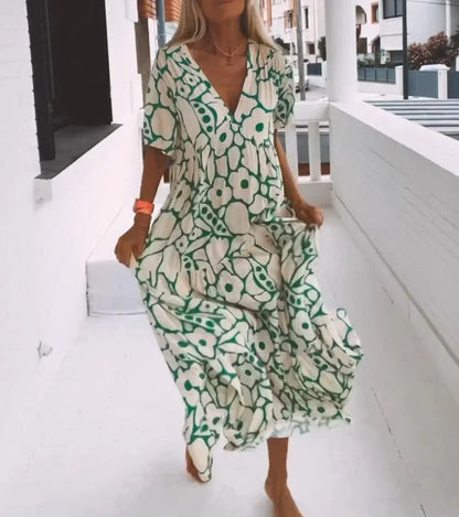 Therynna – Boho-Maxikleid mit Blumenmuster und V-Ausschnitt