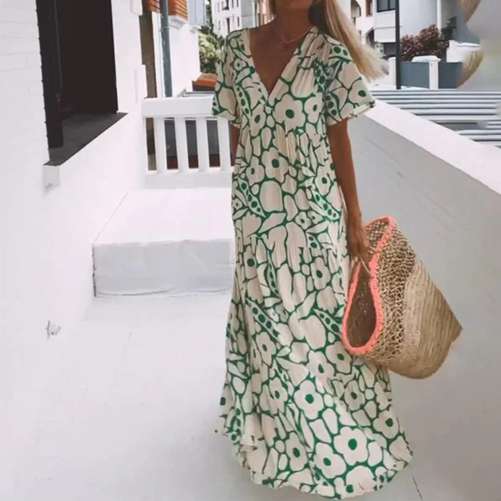 Therynna – Boho-Maxikleid mit Blumenmuster und V-Ausschnitt